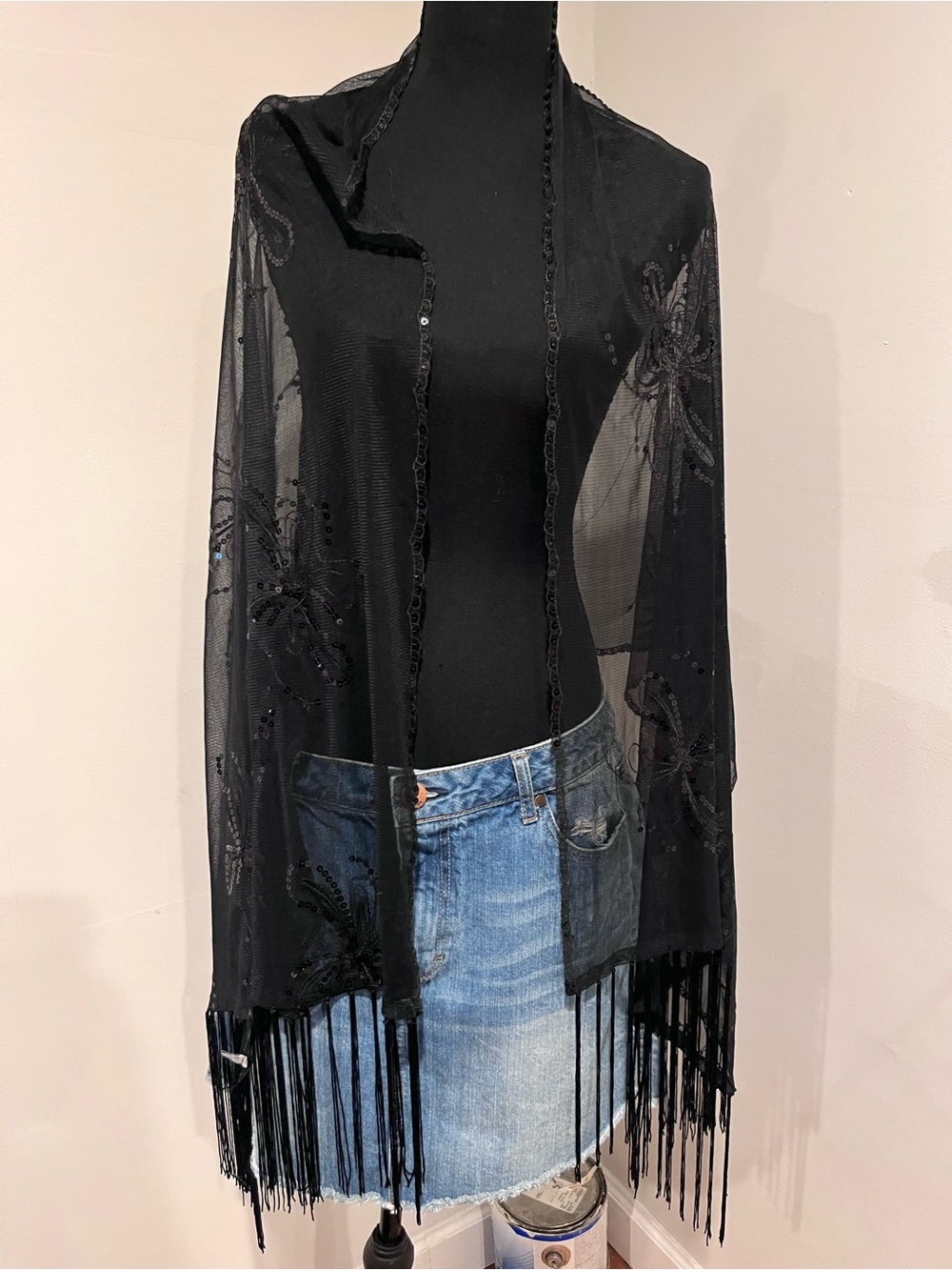 Black Embellished Fringe Shawl Wrap - Women Accessories